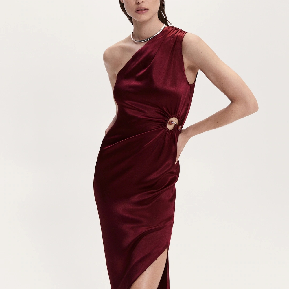 Mango Red Midi One Shoulder Ruched Sheath Dress with Slit